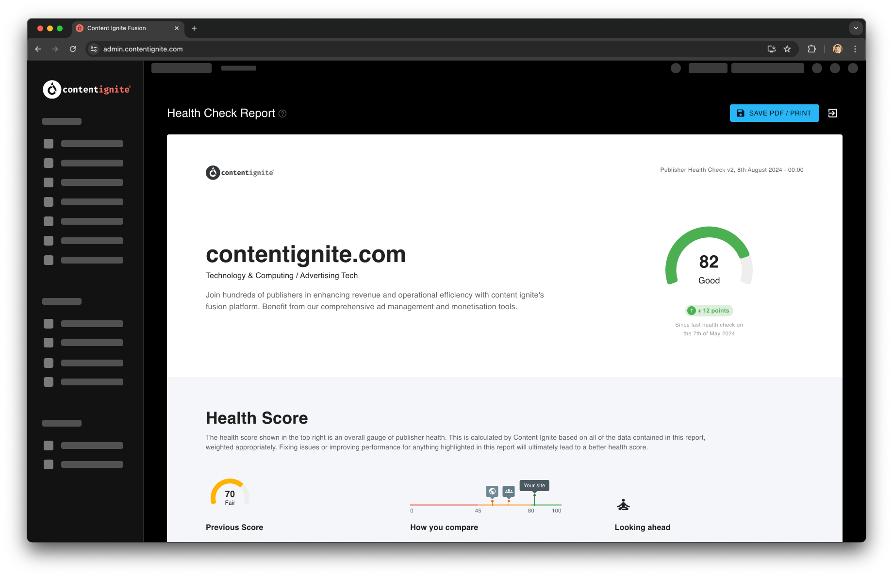 Preview of the health score insights report in Fusion