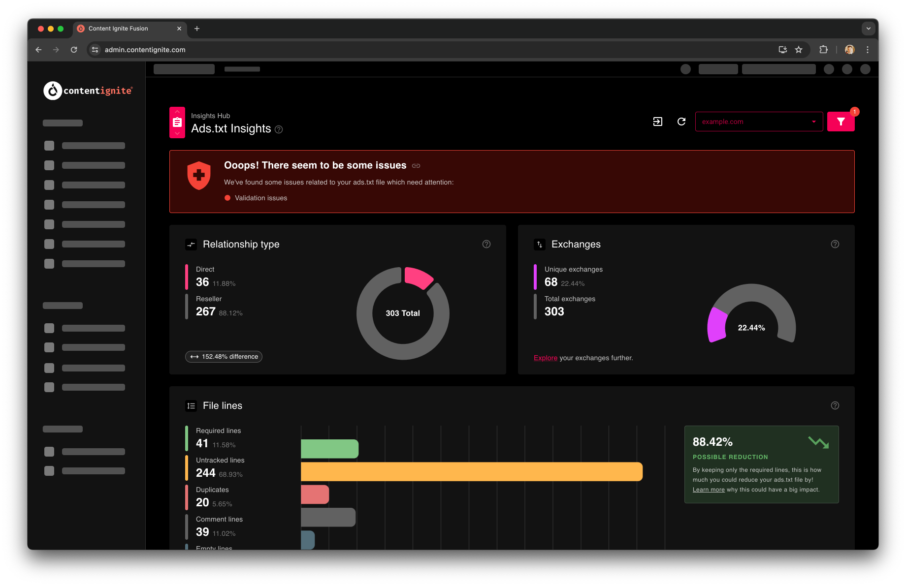 Preview of the ads.txt insights report in Fusion