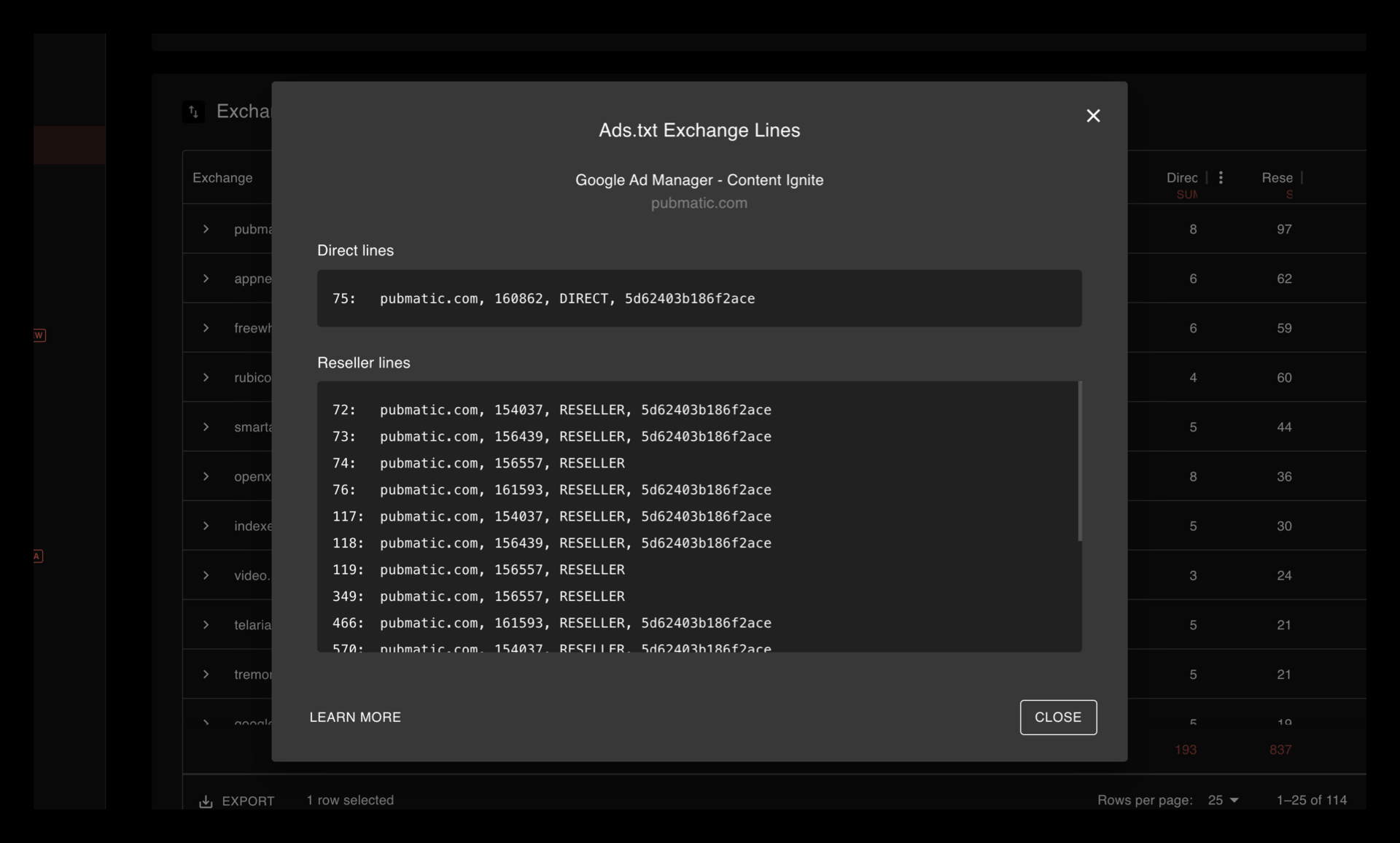 Shows a modal presenting the lines that correspond to the given exchange in the ads.txt insights report