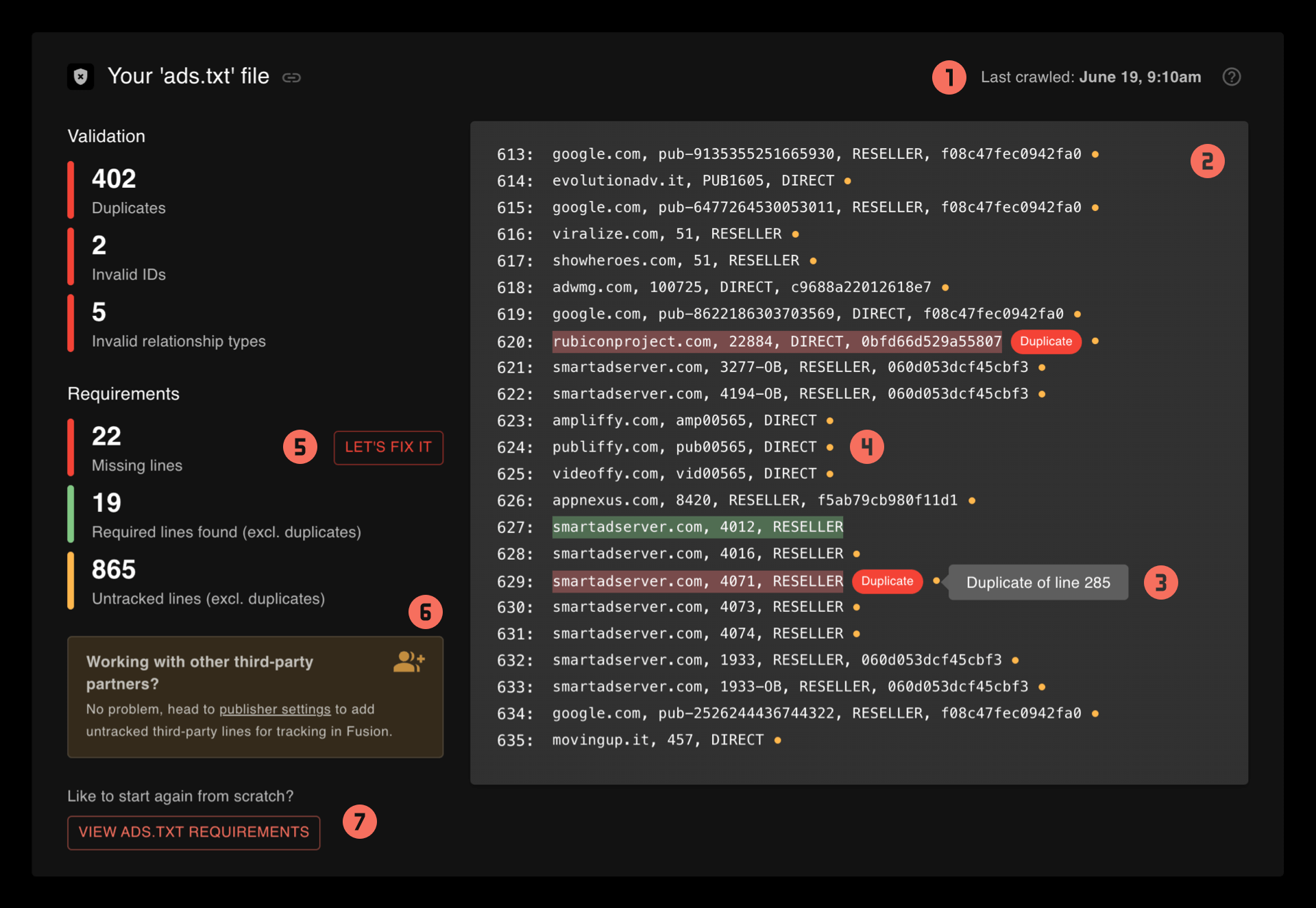 Shows the detailed breakdown of an ads.txt file line by line in the ads.txt insights report