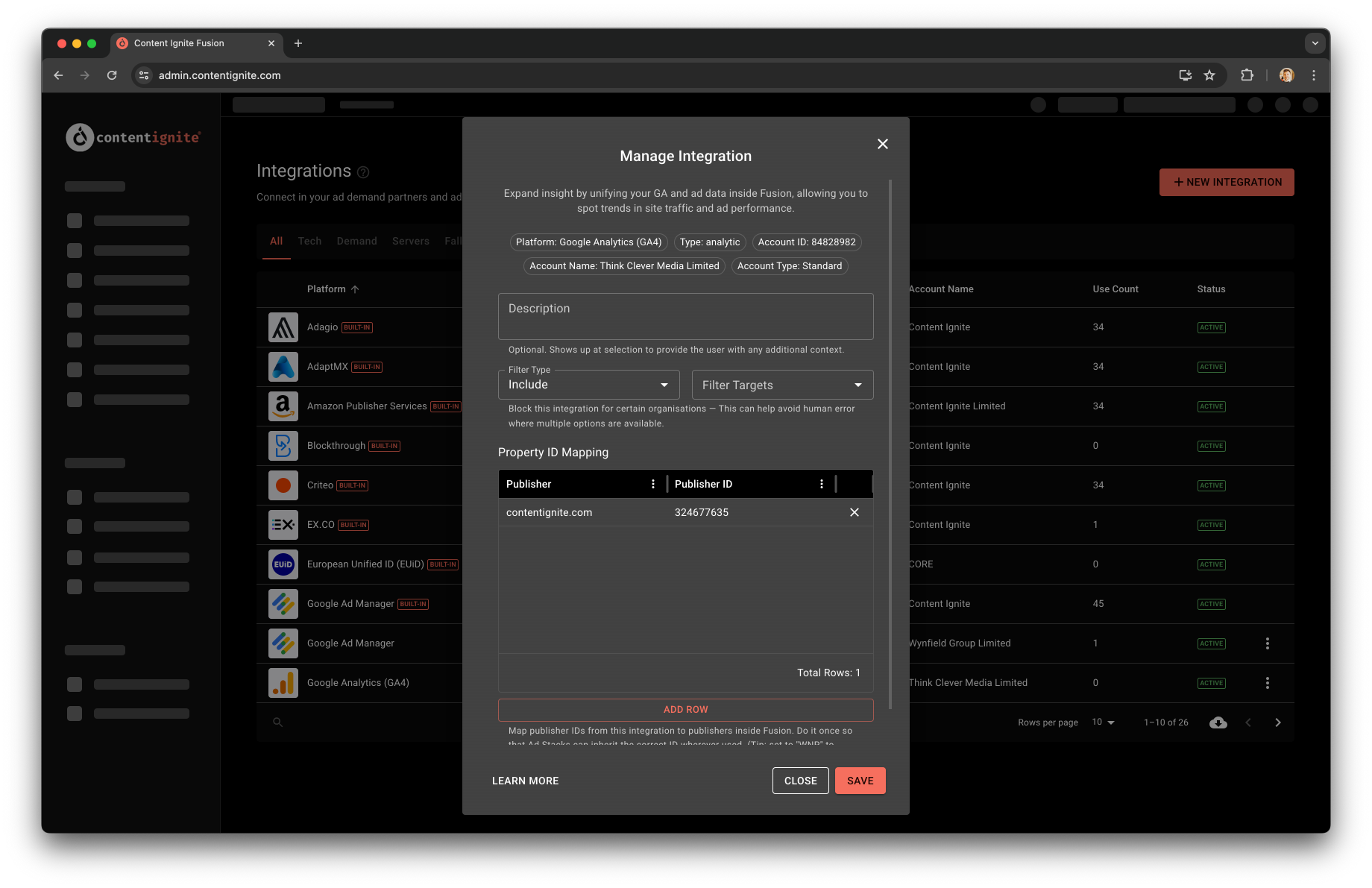 Preview of integrations settings in Fusion