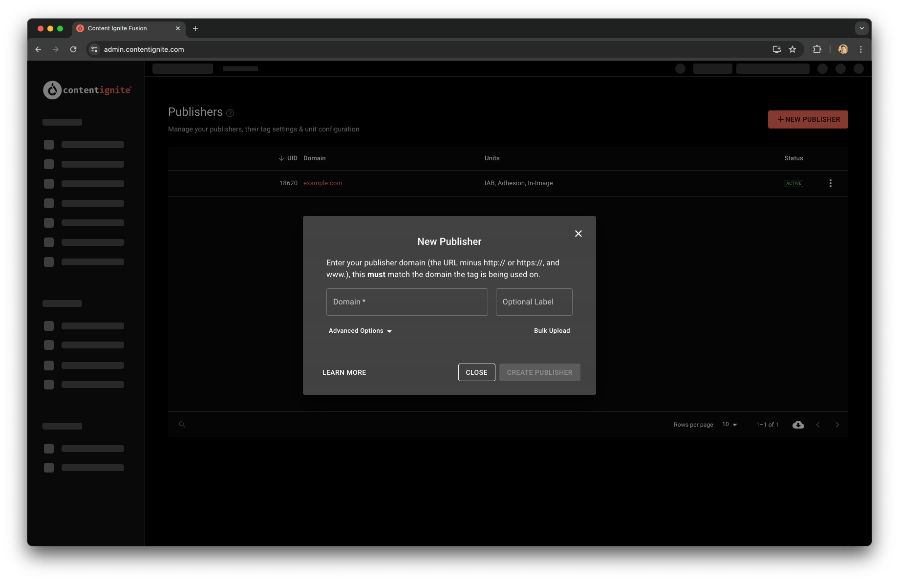 Preview of publisher creation in Fusion