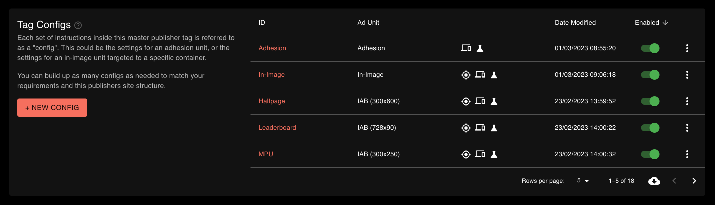 Shows the config list in the publisher dashboard