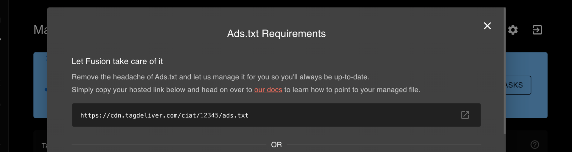 Shows the managed ads.txt modal in the publisher dashboard