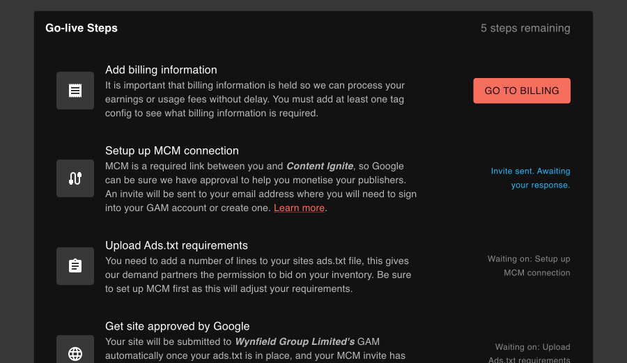 Shows the onboarding guide in the publisher dashboard